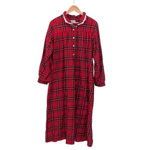 Lanz Of Salzburg Flannel Long Nightgown Granny Red Plaid Lace Trim Pockets Large